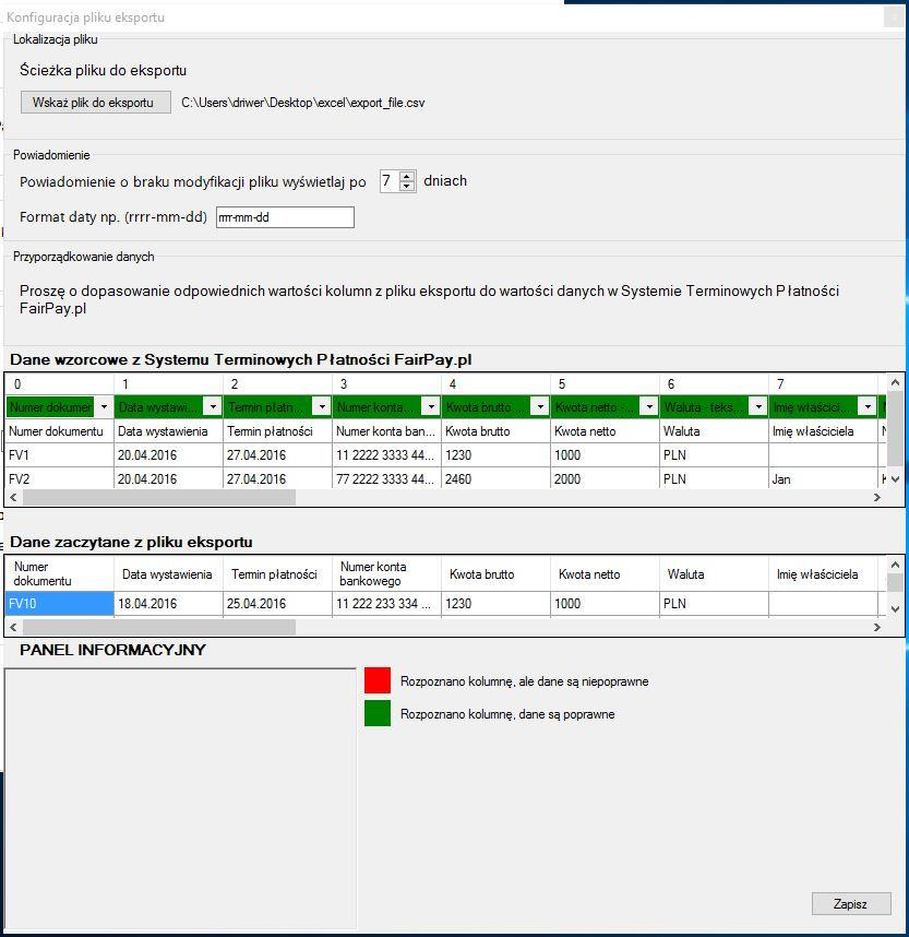 Po umieszczeniu pliku w wybranym katalogu aplikacja FP Connect będzie codziennie sprawdzać dane w tej lokalizacji (katalogu).