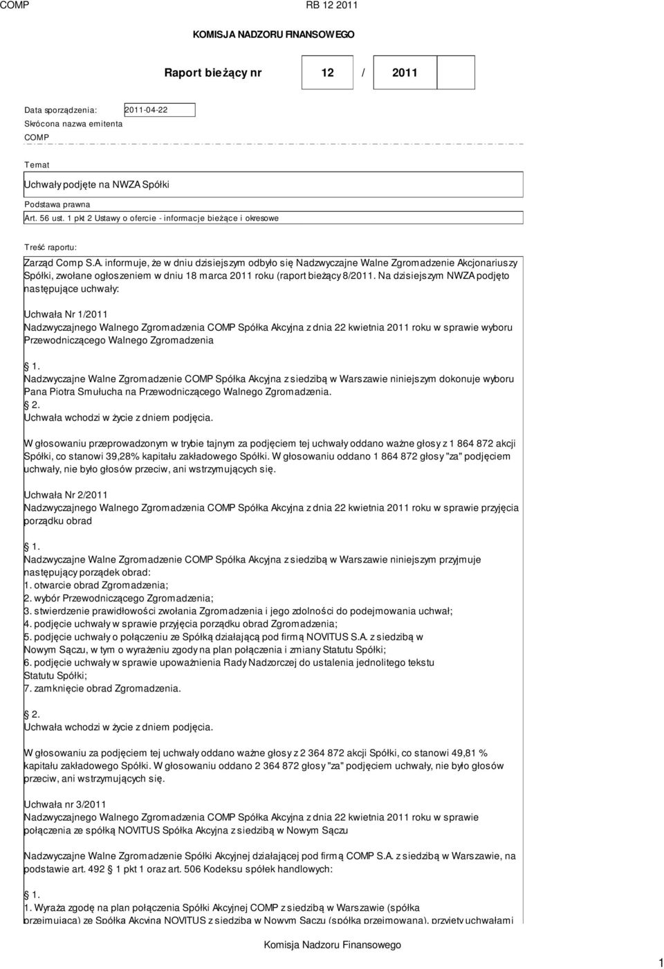 informuje, że w dniu dzisiejszym odbyło się Nadzwyczajne Walne Zgromadzenie Akcjonariuszy Spółki, zwołane ogłoszeniem w dniu 18 marca 2011 roku (raport bieżący 8/2011.