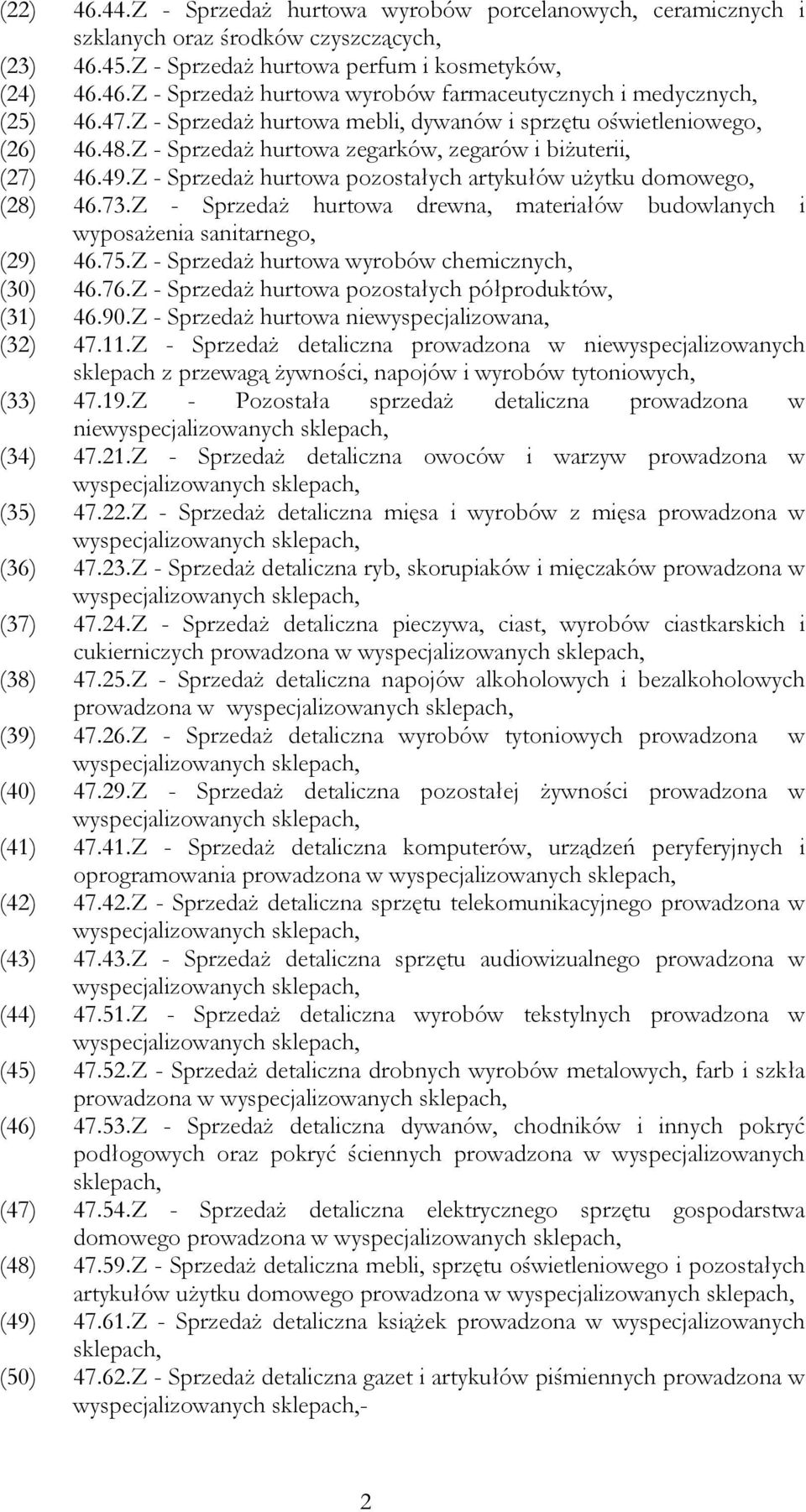 Z - Sprzedaż hurtowa pozostałych artykułów użytku domowego, (28) 46.73.Z - Sprzedaż hurtowa drewna, materiałów budowlanych i wyposażenia sanitarnego, (29) 46.75.