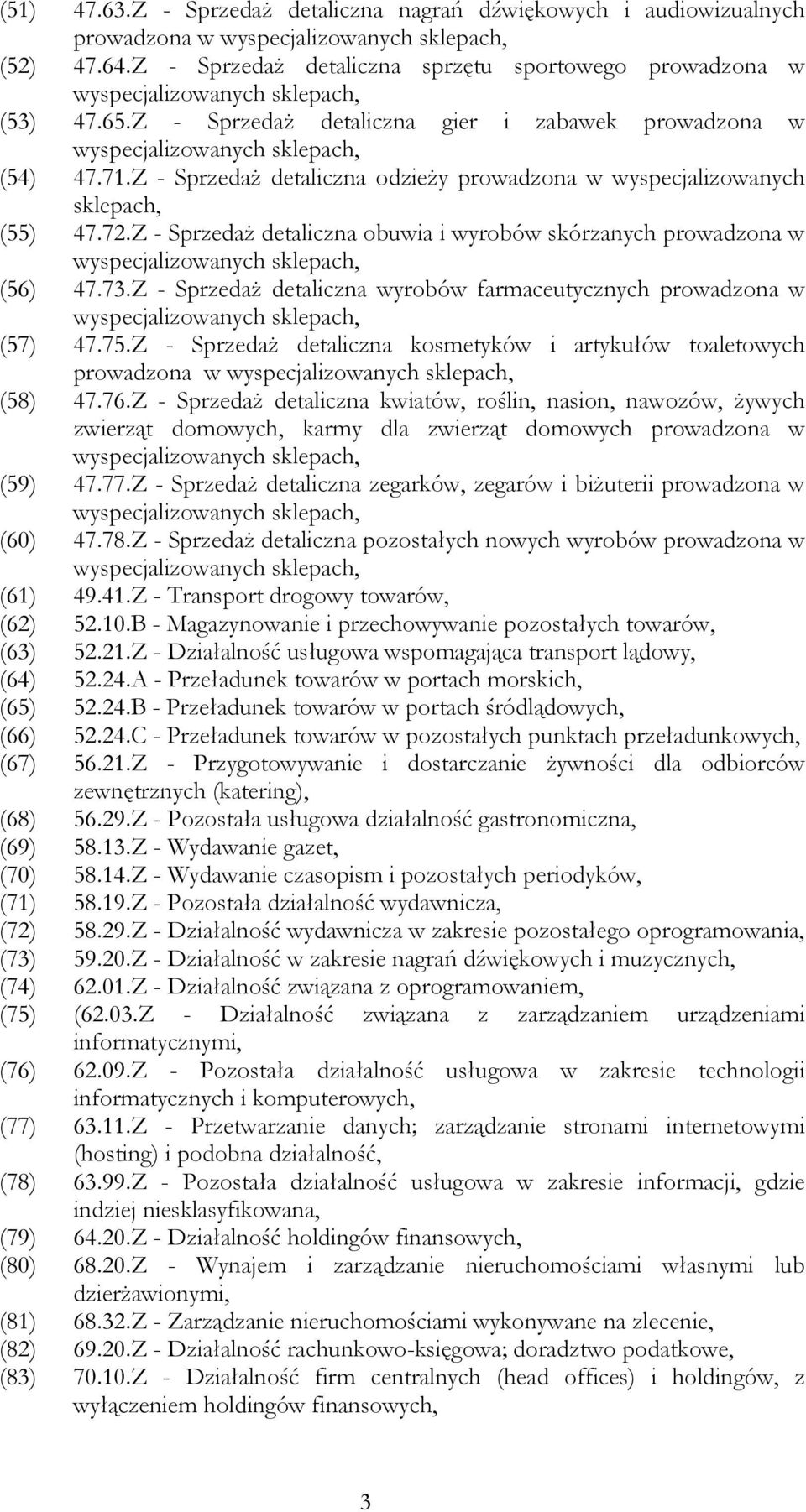 Z - Sprzedaż detaliczna obuwia i wyrobów skórzanych prowadzona w (56) 47.73.Z - Sprzedaż detaliczna wyrobów farmaceutycznych prowadzona w (57) 47.75.