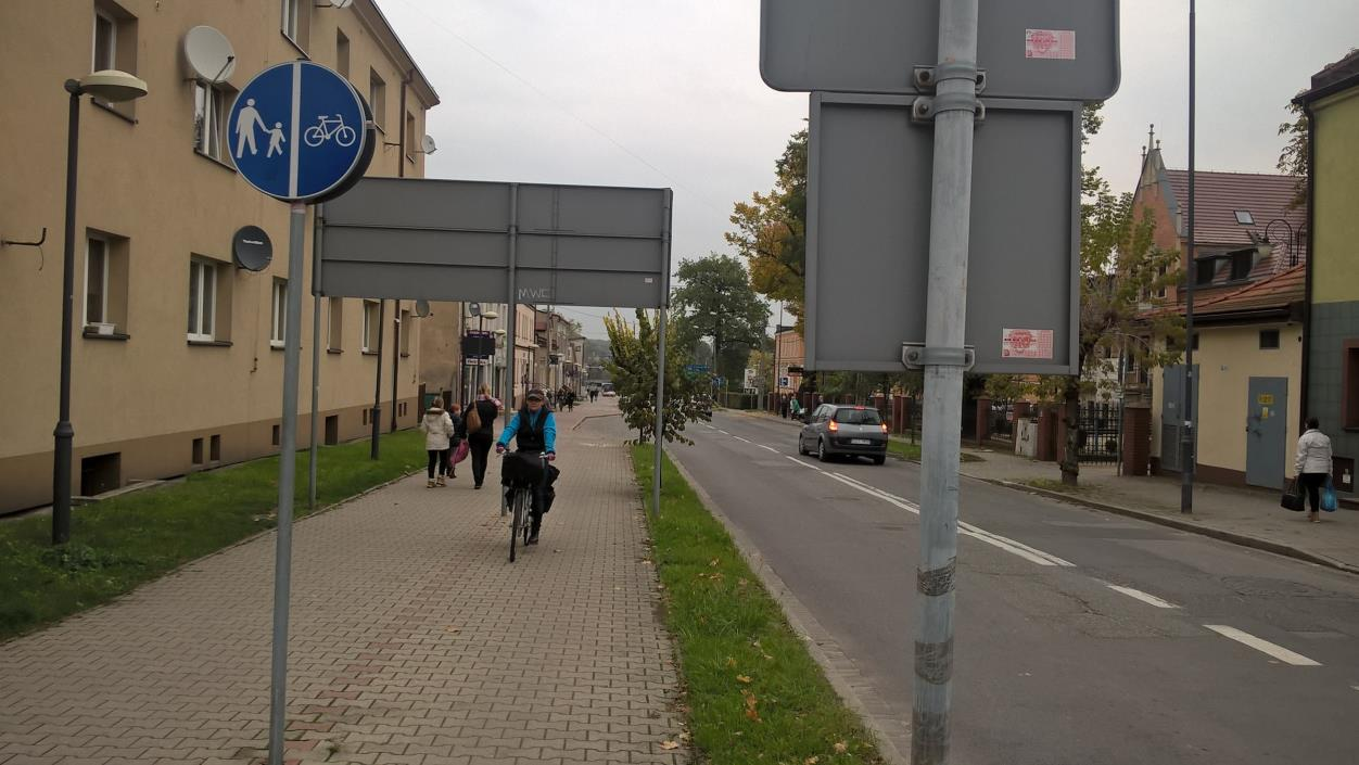 Niebezpieczna lokalizacja słupa sygnalizacji świetlnej na środku drogi dla rowerów, ul. Dworcowa. Słupki znaków drogowych w skrajni drogi dla rowerów, ul. Dworcowa. 3.