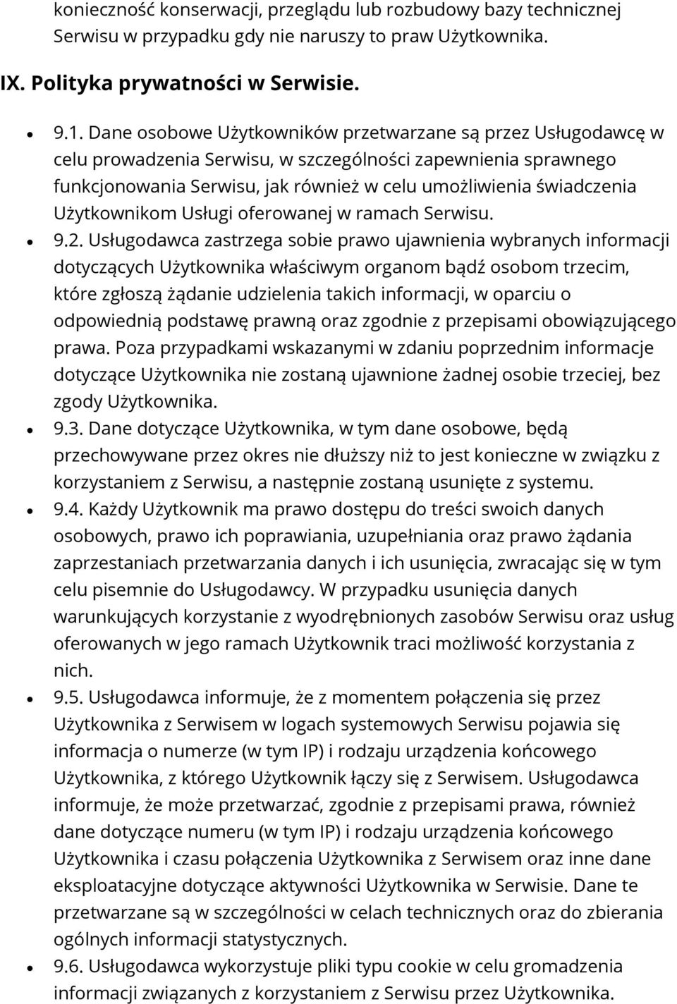 Usługi ferwanej w ramach Serwisu. 9.2.