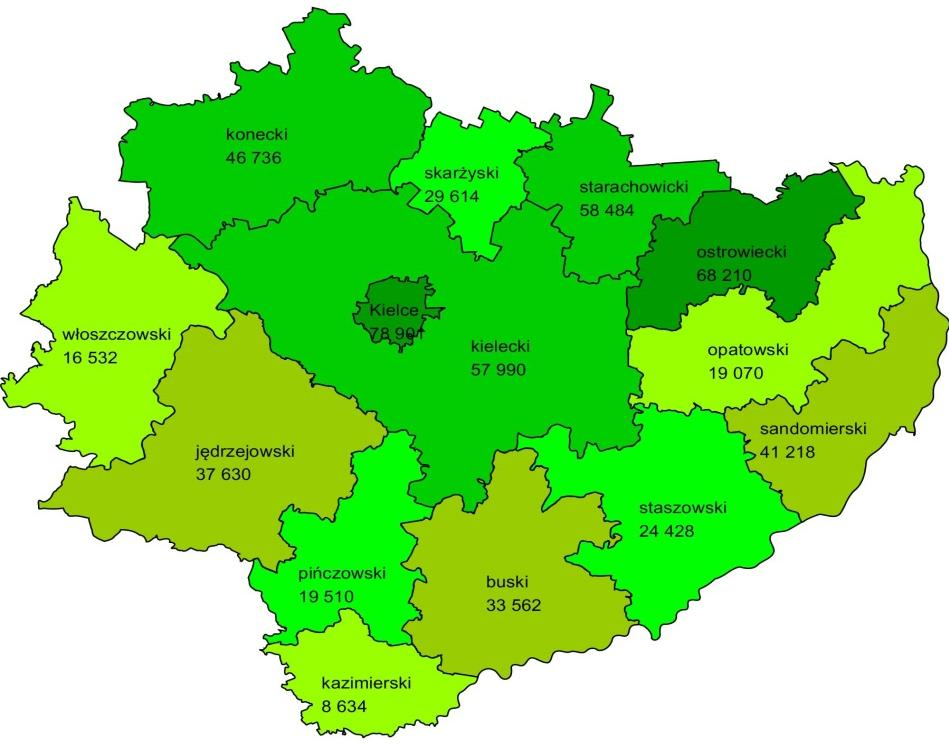 Mapa powyżej prezentuje dane dotyczące przestrzennego zróżnicowania liczby świadczeń pielęgnacyjnych zagregowanych do poziomu powiatów.