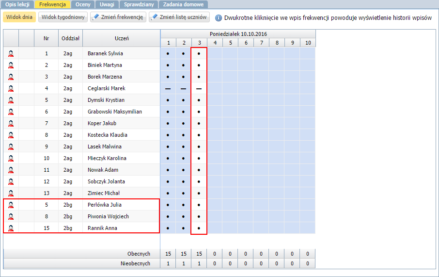 biblioteczne, wycieczki)? 10/11 Aby odnotować frekwencję: 1. Kliknij przycisk Zmień frekwencję. 2. W oknie Edycja wpisów frekwencji wypełnij kolumnę Twojej lekcji (wyróżnioną na biało).