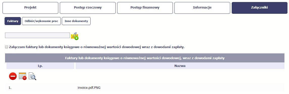 Faktury Aby zaimportować załącznik do systemu, wybierz funkcję Przeglądaj Po wskazaniu pliku z dysku lokalnego potwierdź import wybierając funkcję Załącz dokument.