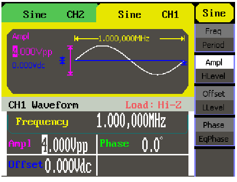 Rysunek 6. Ekran ustawień przebiegu sinusoidalnego w trybie Menu Jak widać na rysunku 1-7, domyślnymi ustawieniami sygnału sinusoidalnego są: częstotliwość1mhz, amplituda 4,0Vpp i składowa stała 0V.