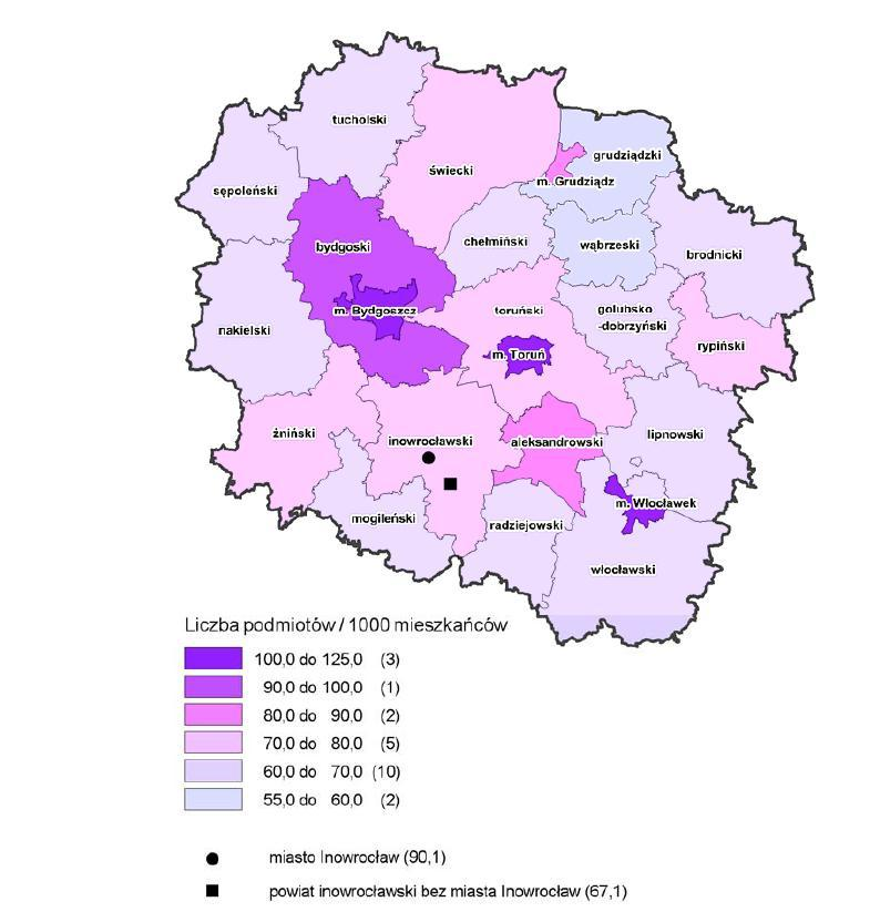 Rysunek 3. Liczebność podmiotów gospodarki narodowej w powiatach województwa kujawskopomorskiego na koniec 2014 roku Źródło: WUP Toruń 2015 Rysunek 4.