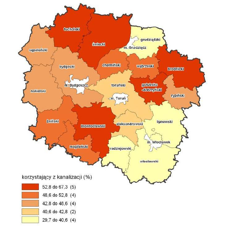 Rysunek 11. Liczba ludności korzystająca z sieci kanalizacyjnej w ogóle ludności (%) Źródło: Sytuacja społeczno-gospodarcza województwa Kujawsko-pomorskiego.