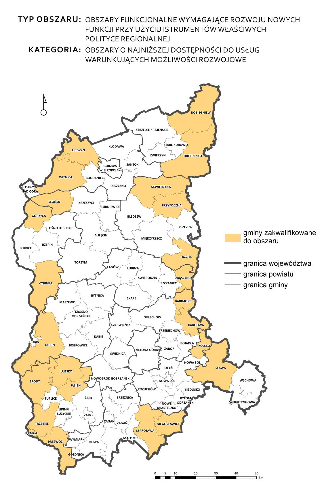 Rysunek 22 Obszary funkcjonalne wymagające rozwoju nowych funkcji ( ) obszary o najniższej dostępności do