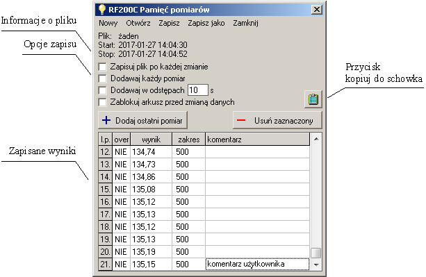 Rys. 3.6. Okno aplikacji Pamięć pomiarów. Opisane wyżej ustawienia są zapamiętywane i przywracane po ponownym uruchomieniu aplikacji lub programu RF200C.