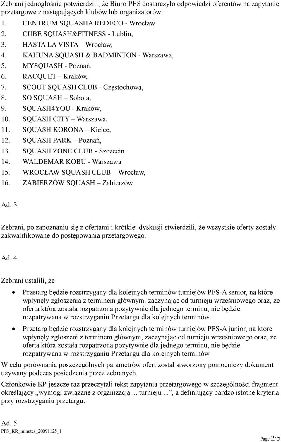 SQUASH4YOU - Kraków, 10. SQUASH CITY Warszawa, 11. SQUASH KORONA Kielce, 12. SQUASH PARK Poznań, 13. SQUASH ZONE CLUB - Szczecin 14. WALDEMAR KOBU - Warszawa 15. WROCŁAW SQUASH CLUB Wrocław, 16.