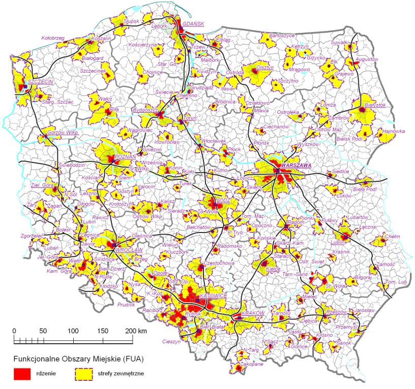 Delimitacja 151 Miejskich Obszarów Funkcjonalnych w celu optymalizacji zarządzania strukturami społecznogospodarczymi i infrastrukturalnymi Delimitacja wychodziła z koncepcji daily urban systems B.J.