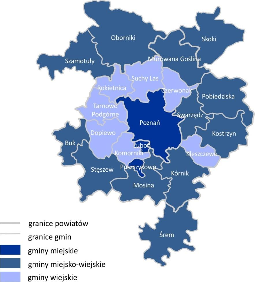 STRATEGIA ZIT W MIEJSKIM OBSZARZE FUNKCJONALNYM POZNANIA Ryc. 1 Zasięg Miejskiego Obszaru Funkcjonalnego Poznania. Źródło: Opracowanie własne. 1.3.