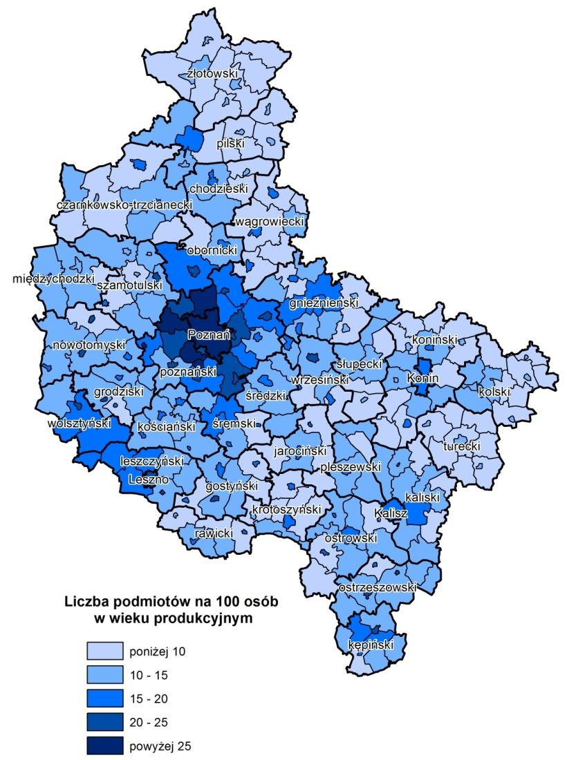 STRATEGIA ZIT W MIEJSKIM OBSZARZE FUNKCJONALNYM POZNANIA Ryc. 8 Podmioty gospodarcze w województwie wielkopolskim (2013 r.). Źródło: Opracowanie własne na podstawie danych GUS, 2014.