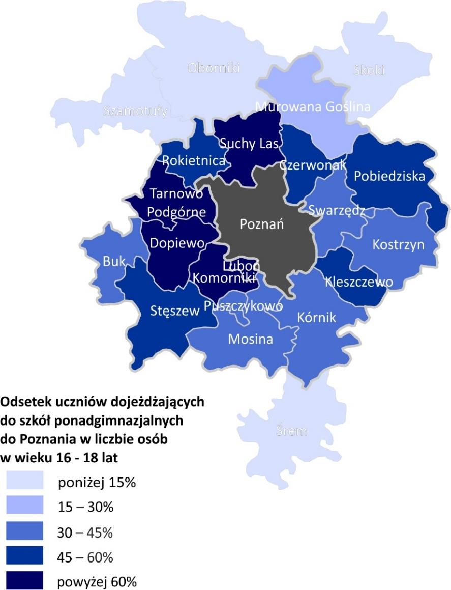 STRATEGIA ZIT W MIEJSKIM OBSZARZE FUNKCJONALNYM POZNANIA Ryc. 11 Udział uczniów dojeżdżających do szkół ponadgimnazjalnych w Poznaniu w roku szkolnym 2013/2014.