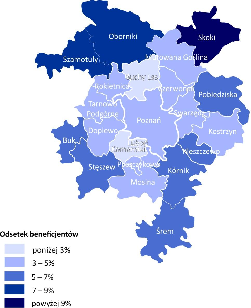 STRATEGIA ZIT W MIEJSKIM OBSZARZE FUNKCJONALNYM POZNANIA zróżnicowany, najwyższy w gminie Skoki (13,1%), Szamotuły (8%), Oborniki (7,4%), najniższy z kolei w gminie Komorniki (2,3%), Suchy Las