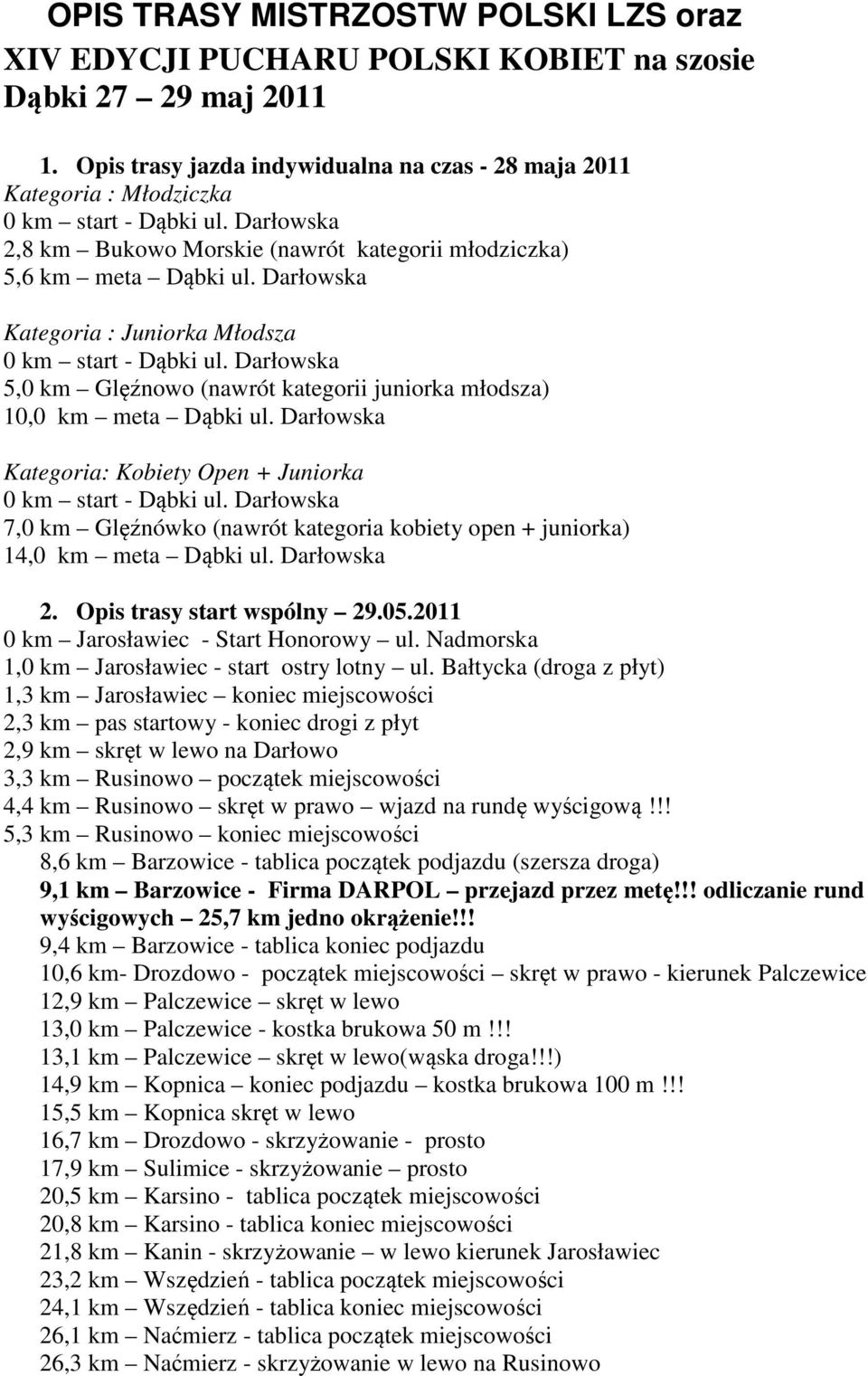 Darłowska Kategoria : Juniorka Młodsza 0 km start - Dąbki ul. Darłowska 5,0 km Glęźnowo (nawrót kategorii juniorka młodsza) 10,0 km meta Dąbki ul.