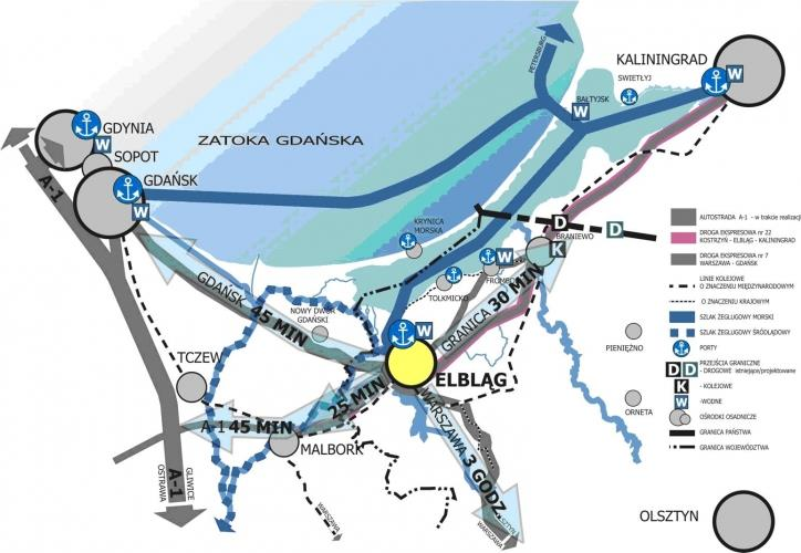 2. DIAGNOZA ELBLĄSKIEGO OBSZARU FUNKCJONALNEGO 2.1. TRANSPORT I KOMUNIKACJA 2.1.1. DOSTĘPNOŚĆ TRANSPORTOWA Elbląski Obszar Funkcjonalny jest jednym z lepiej skomunikowanych zewnętrznie obszarów w województwie warmińskomazurskim.