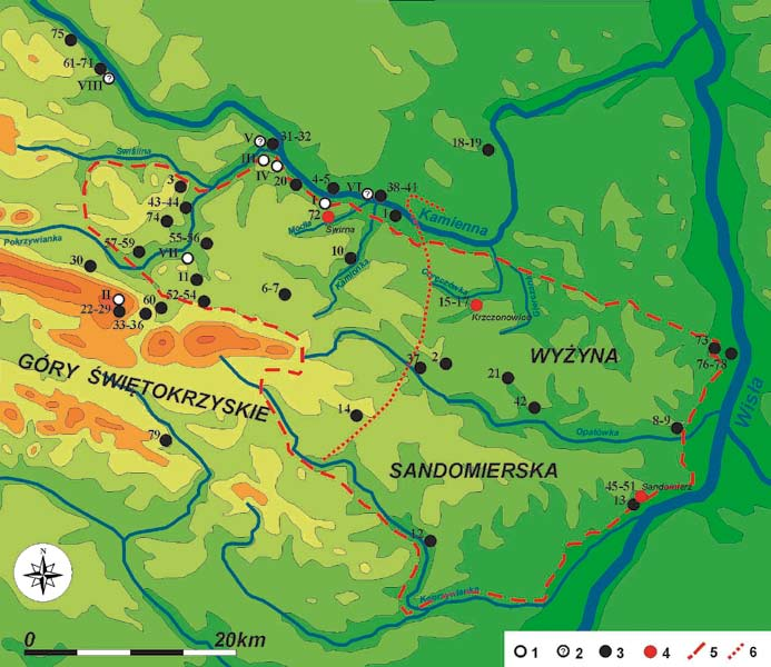 Ryc. 1. Skarby i drobne znaleziska monet rzymskich z obszaru świętokrzyskiego okręgu hutniczego i Wyżyny Sandomierskiej.
