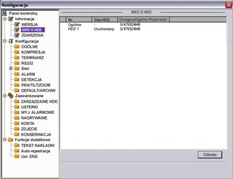 DOSTĘP PRZEZ PRZEGLĄDARKĘ IE INFO O HDD informacje o stanie i pojemności zainstalowanego dysku twardego. ZDARZENIA Rys. 7-25. Panel kontrolny Informacje Info o HDD.