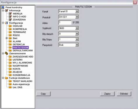DOSTĘP PRZEZ PRZEGLĄDARKĘ IE Rys. 7-43. Panel kontrolny Konfiguracja Pan/Tilt/Zoom. Kanał Wprowadź numer kanału Video, do którego jest dostarczany sygnał z potrzebnej kamery PTZ.