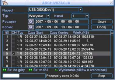 OBSŁUGA REJESTRATORA W celu wykonania archiwizacji należy wykonać następujące operacje: Wybrać napęd (urządzenie archiwizujące), Wybrać typ archiwizowanych plików spośród: Wszystko, Alarm, Detekcja