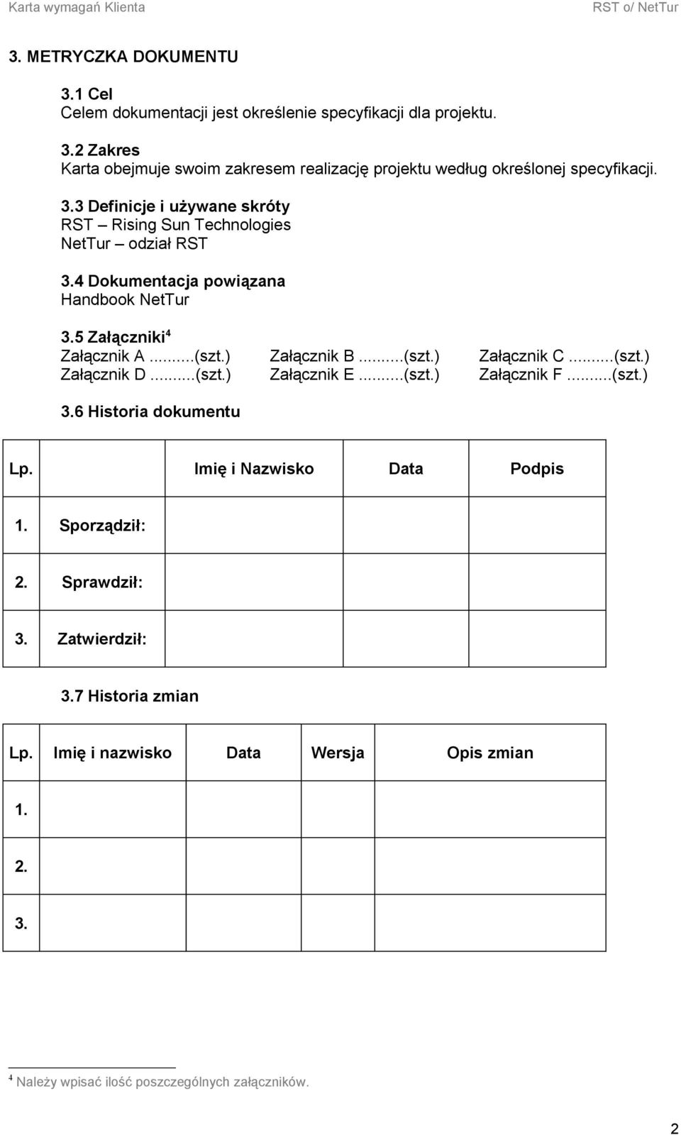 ) Załącznik B...(szt.) Załącznik C...(szt.) Załącznik D...(szt.) Załącznik E...(szt.) Załącznik F...(szt.) 3.6 Historia dokumentu Lp. Imię i Nazwisko Data Podpis 1.