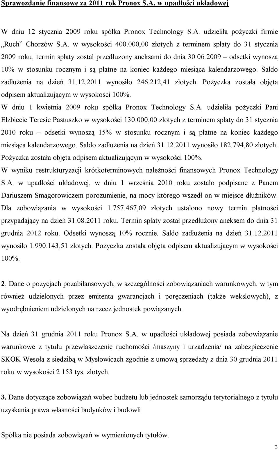 2009 odsetki wynoszą 10% w stosunku rocznym i są płatne na koniec każdego miesiąca kalendarzowego. Saldo zadłużenia na dzień 31.12.2011 wynosiło 246.212,41 złotych.