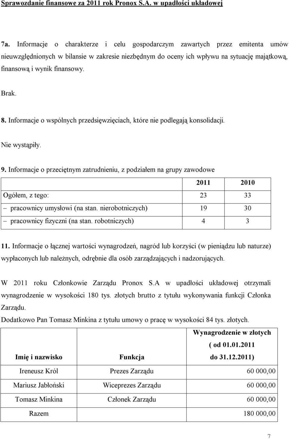 Informacje o przeciętnym zatrudnieniu, z podziałem na grupy zawodowe 2011 2010 Ogółem, z tego: 23 33 pracownicy umysłowi (na stan. nierobotniczych) 19 30 pracownicy fizyczni (na stan.