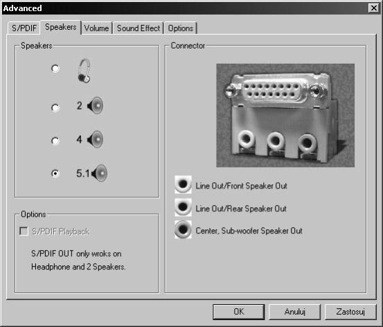 Uwaga! Karty dźwiękowe w komputerach mogą mieć opcjonalne ustawienia gniazd wyjściowych.