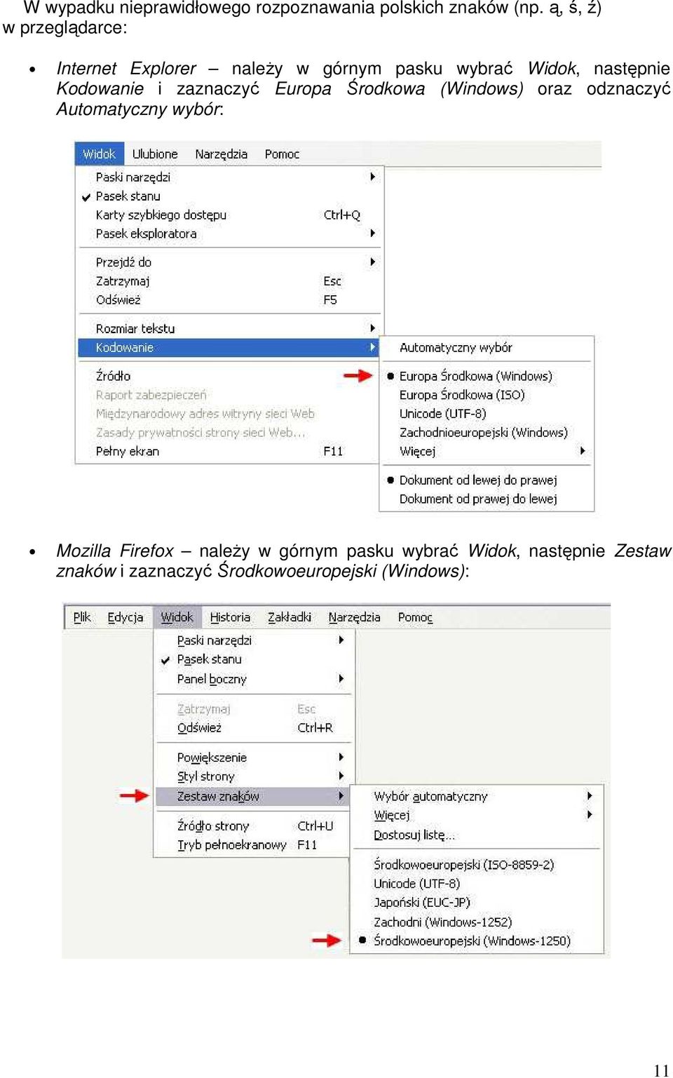 Kodowanie i zaznaczyć Europa Środkowa (Windows) oraz odznaczyć Automatyczny wybór: