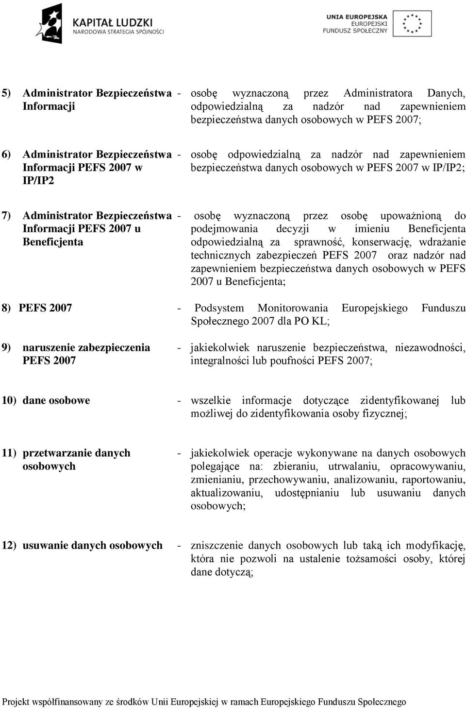 2007 u Beneficjenta 8) PEFS 2007 9) naruszenie zabezpieczenia PEFS 2007 - osobę wyznaczoną przez osobę upoważnioną do podejmowania decyzji w imieniu Beneficjenta odpowiedzialną za sprawność,