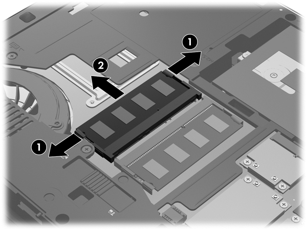 6. Jeśli wymieniasz moduł pamięci, wyjmij moduł znajdujący się w komputerze: a. Odciągnij zaciski mocujące (1) znajdujące się po obu stronach modułu pamięci. Moduł pamięci odchyli się do góry. b.