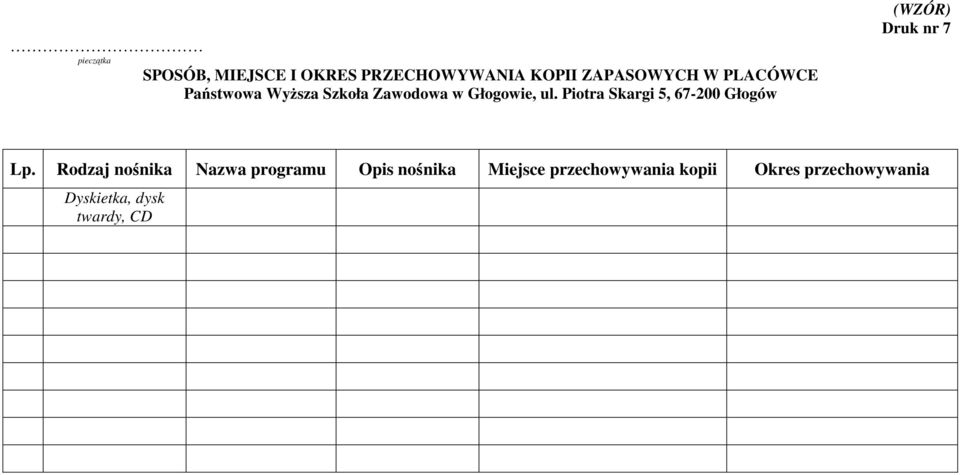 Piotra Skargi 5, 67-200 Głogów Druk nr 7 Lp.