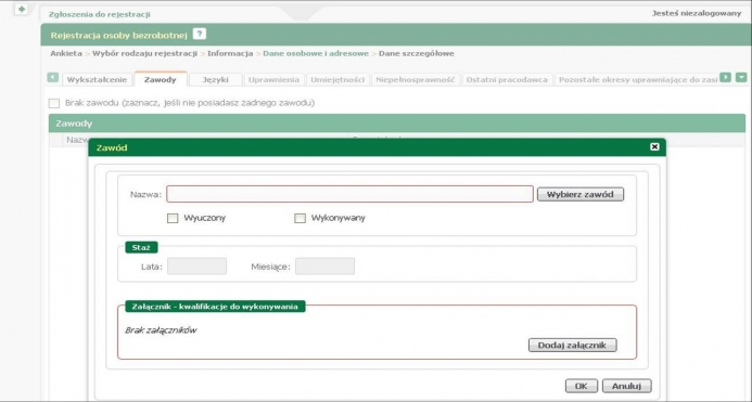 KROK 11: Wybieramy z listy (przycisk Wybierz zawód) zawód i dodajemy załącznik. Można również zaznaczyć pole Brak zawodu.