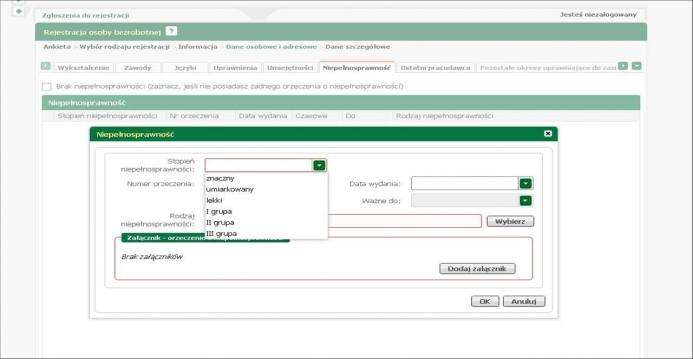 KROK 15: Wpisujemy niepełnosprawność wybierając z listy rozwijanej stopień lub grupę. Można równieżzaznaczyć pole Brak niepełnosprawności.