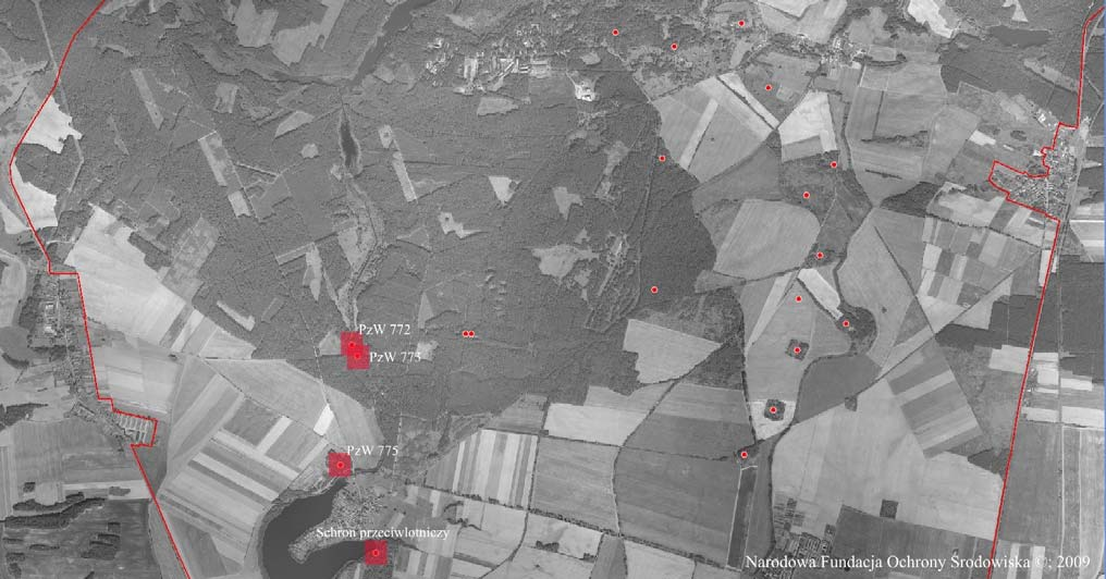 Ryc. 3. Lokalizacja miejsc monitoringu nietoperzy w wolnostojących obiektach naziemnych (Pz. W. 712, Pz. W. 741, Pz. W. 743, Pz. W. 746, Pz. W. 748, Pz. W. 750, Pz. W. 754-757 oraz tunel, Pak U 755, Pz.