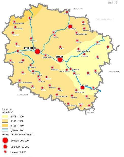 Rysunek 8. Strefy nasłonecznienia w województwie kujawsko - pomorskim.