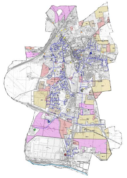 Rysunek 2. Miejska sieć ciepłownicza na terenie miasta Inowrocławia (zaznaczona kolorem niebieskim).