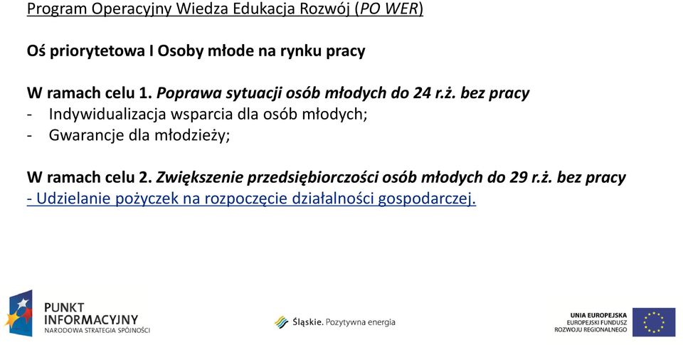 bez pracy - Indywidualizacja wsparcia dla osób młodych; - Gwarancje dla młodzieży; W ramach