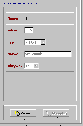 4.2. Ustawienia zainstalowanych regulatorów. Okno parametrów zainstalowanych regulatorów Wybrany sterownik Okno parametrów wybranego regulatora.