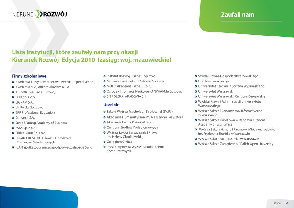 A. Ernst & Young Academy of Business ESKK Sp. z o.o. FIRMA 2000 Sp. z o.o. HOMO CREATORE Ośrodek Doradztwa i Treningów Szkoleniowych ICAN Spółka z ograniczoną odpowiedzialnością Sp.k. Instytut Rozwoju Biznesu Sp.