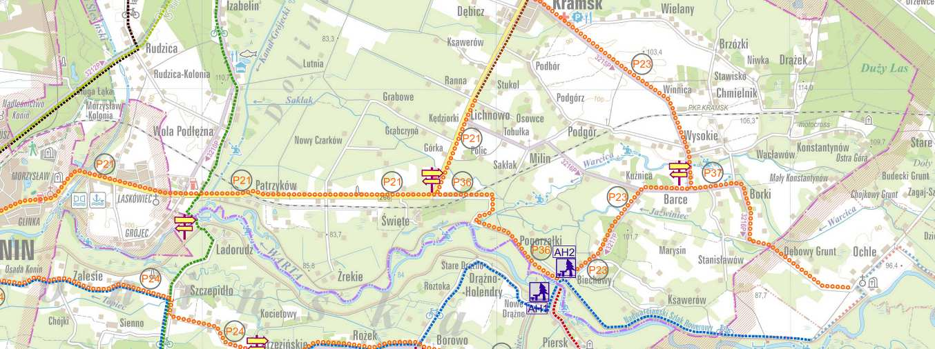 4.1.8. Gmina Kramsk Rysunek 36. Mapa turystyczna Gminy Kramsk z przebiegiem dróg rowerowych wraz z niezbędnym doposażeniem infrastrukturalnym (stan istniejący i plany).