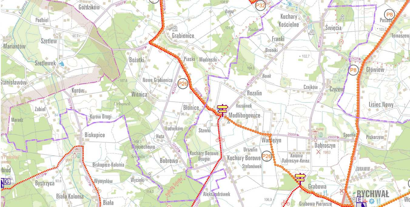 4.1.10. Gmina Rzgów Rysunek 38. Mapa turystyczna Gminy Rzgów z przebiegiem dróg rowerowych wraz z niezbędnym doposażeniem infrastrukturalnym (stan istniejący i plany).