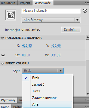 Krok 8 Kolejna animacja dmuchawca W klipe animacja utworzymy teraz ruch poziomy dmuchawca. A więc: W klatce pierwszej naszej animacji dodajemy ruch poleceniem Utwórz klasyczną animację.