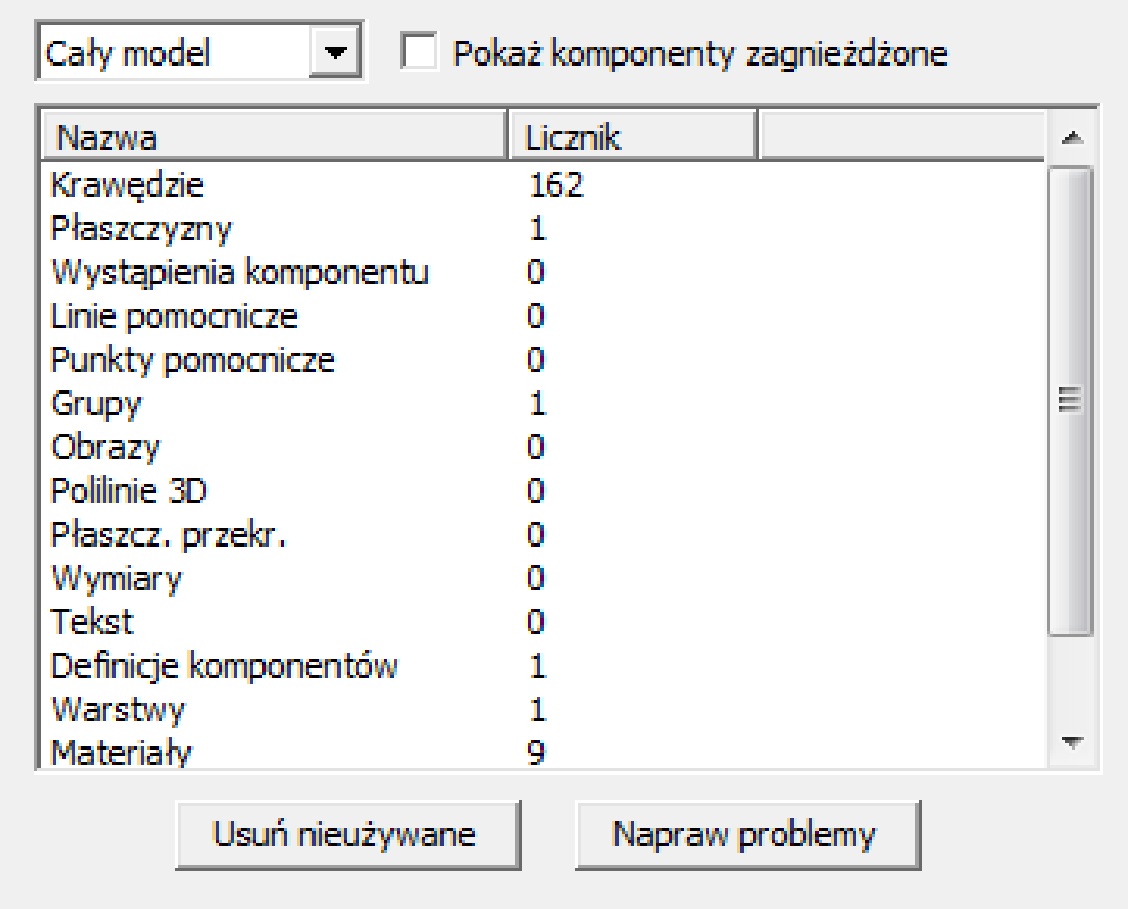 Statystyki Panel Statystyki umożliwia rozwiązywanie problemów związanych z działaniem programu SketchUp.