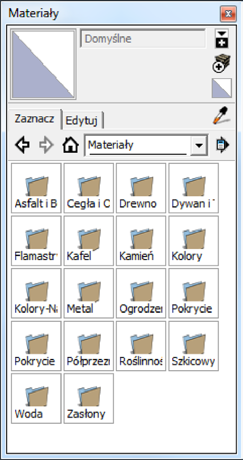 Przeglądarka materiałów W programie SketchUp dostępna jest biblioteka zdefiniowanych materiałów, które można stosować na płaszczyznach i krawędziach modeli.