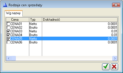 Rys. 1.122 Okno: Rodzaje cen sprzedaŝy. W przypadku centrum głównego naciśnięcie przycisku [Nowy] powoduje dodanie nowego rodzaju ceny.