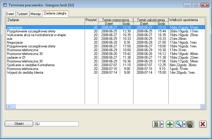 1.24.5 Zadanie terminarza Rys. 1.146 Terminarz, zakładka: Zadania zaległe. W oknie znajdują się dane dotyczące zadania zarejestrowanego w terminarzu.