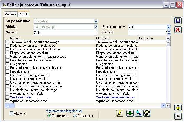 Rys. 1.153 Definicja procesu, zakładka: Akcje. W przypadku uŝycia akcji w definicji procesu tzn. zostały przypisania ich do zadań nie ma moŝliwości ich usunięcia.